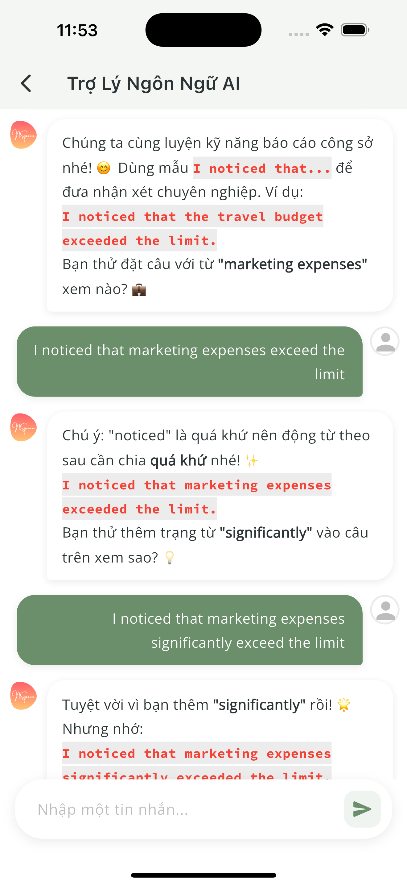 Luyện tập với NSpace Language Assistant
